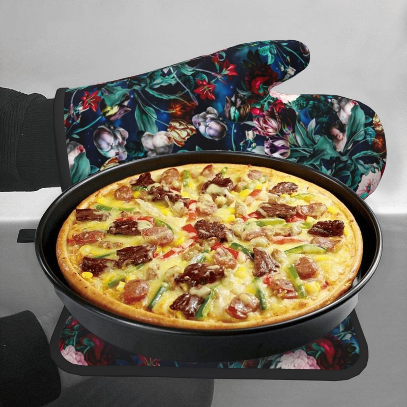 Vintage ziedu virtuves cimdu nakts mežs grafiska cepšana gatavošana dūraiņa katla turētājs bārbekjū izolācijas dūraiņu komplekts