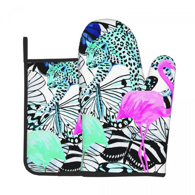 Gepards dzīvnieki Moderns virtuves cimds Flamingo Butterfly Print Izolācija Karstā cepeškrāsns Bļoda dūraiņa Poda Turētājs Grila dūraiņu Komplekts