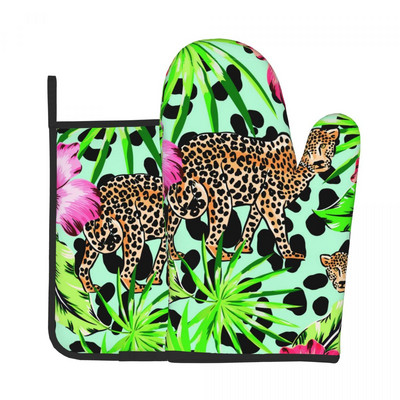 Gepards dzīvnieki Moderns virtuves cimds Flamingo Butterfly Print Izolācija Karstā cepeškrāsns Bļoda dūraiņa Poda Turētājs Grila dūraiņu Komplekts