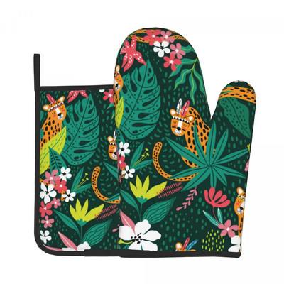 Gepards dzīvnieki Moderns virtuves cimds Flamingo Butterfly Print Izolācija Karstā cepeškrāsns Bļoda dūraiņa Poda Turētājs Grila dūraiņu Komplekts