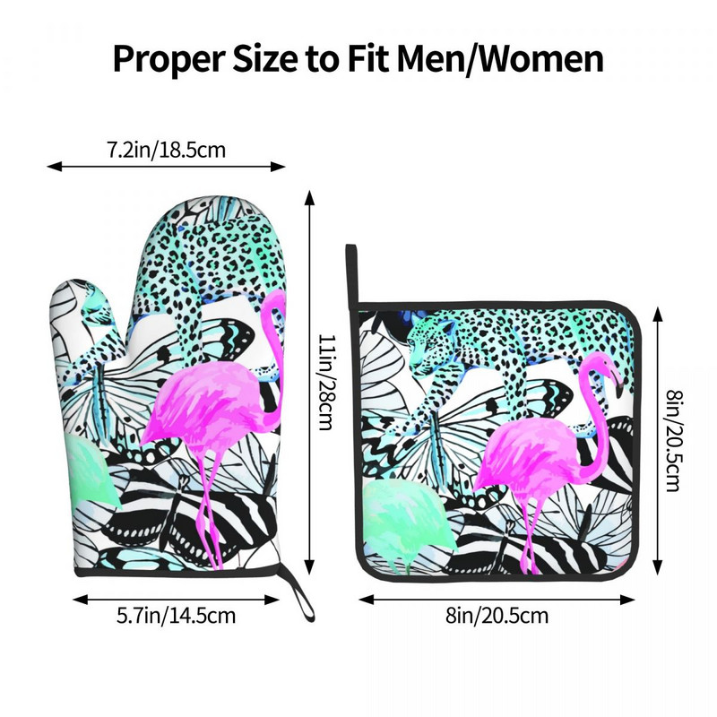 Gepards dzīvnieki Moderns virtuves cimds Flamingo Butterfly Print Izolācija Karstā cepeškrāsns Bļoda dūraiņa Poda Turētājs Grila dūraiņu Komplekts