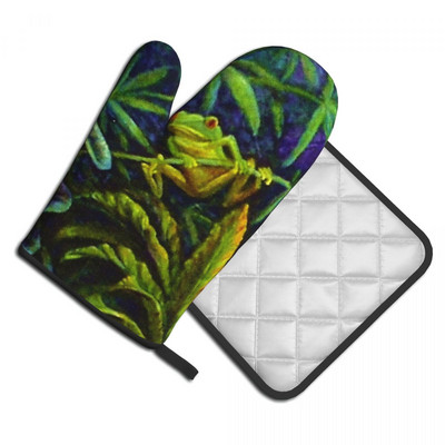 Tree Frog Mitt Hot Pad Red Eyed Green Tropical Frogs Jungle Baking Кухненски ръкавици за готвене Въздушен фритюрник Комплект ръкавици за фурна против топлина