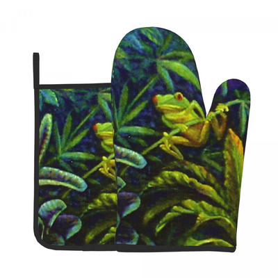 Koku vardes dūraiņu karstais spilventiņš sarkanām acīm zaļām tropiskām vardēm džungļos cepšana gatavošana virtuves cimdi Gaisa cepeškrāsns cepeškrāsns dūraiņu komplekts