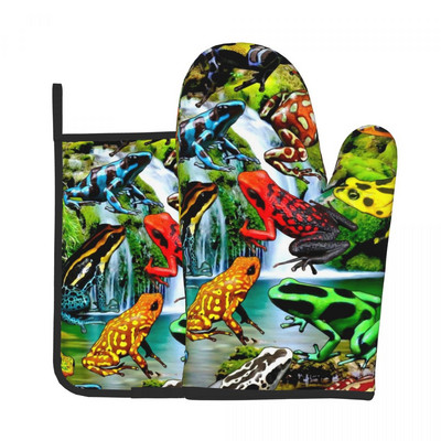 Koku vardes dūraiņu karstais spilventiņš sarkanām acīm zaļām tropiskām vardēm džungļos cepšana gatavošana virtuves cimdi Gaisa cepeškrāsns cepeškrāsns dūraiņu komplekts