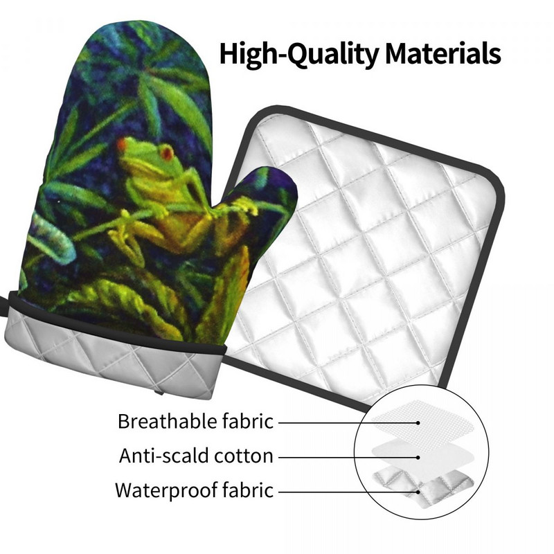 Koku vardes dūraiņu karstais spilventiņš sarkanām acīm zaļām tropiskām vardēm džungļos cepšana gatavošana virtuves cimdi Gaisa cepeškrāsns cepeškrāsns dūraiņu komplekts