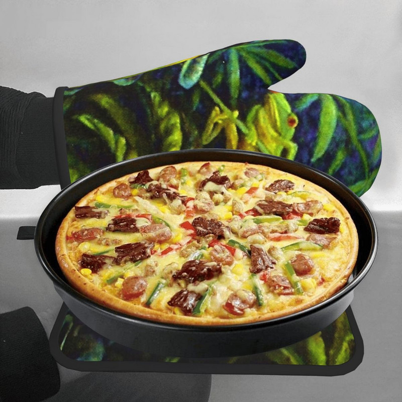 Koku vardes dūraiņu karstais spilventiņš sarkanām acīm zaļām tropiskām vardēm džungļos cepšana gatavošana virtuves cimdi Gaisa cepeškrāsns cepeškrāsns dūraiņu komplekts