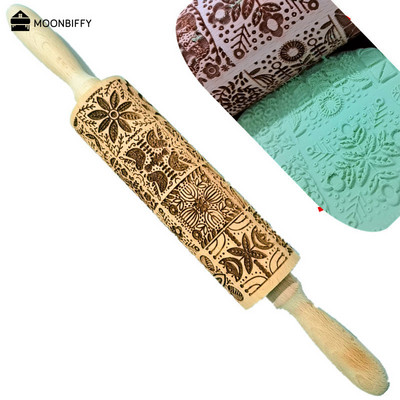 Kalėdų kočėlas Rokas Snaigė Briedis Medinis Kočiojamas Įspaudas Kepiniai Sausainiai Fondant Tortas Raštuotas Volelis 35*5cm