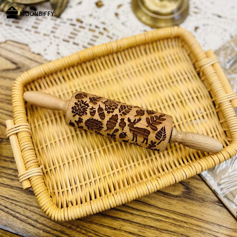 Kalėdų kočėlas Rokas Snaigė Briedis Medinis Kočiojamas Įspaudas Kepiniai Sausainiai Fondant Tortas Raštuotas Volelis 35*5cm