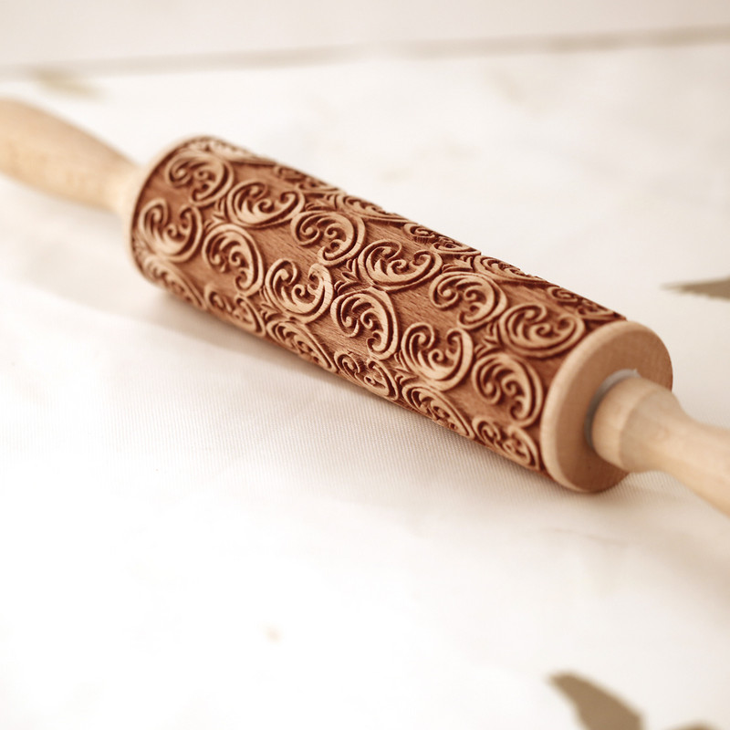 Arjmide 35 x 4,5 CM dziļi iegravēts koka virpuļi ar ziedu reljefu cepumu rullīti 3D plūmju rullīšu cepšanai