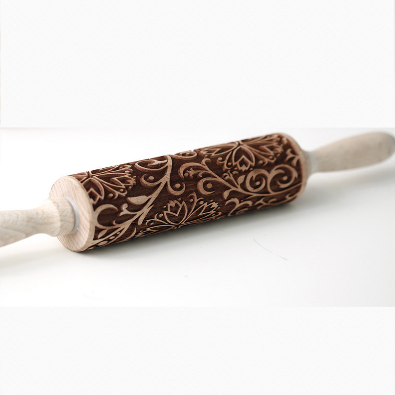 Arjmide 35 x 4,5 CM dziļi iegravēts koka virpuļi ar ziedu reljefu cepumu rullīti 3D plūmju rullīšu cepšanai