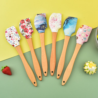 Spatulă din silicon de 25,7 × 5 cm Mâner lung din lemn Racletă pentru prăjituri Mixer unt pentru smântână Instrumente manuale pentru copt Accesorii pentru patiserie și panificație