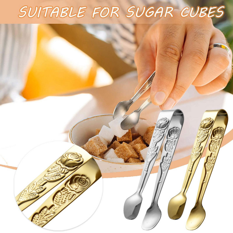 1 gab. Tērauda pincetes saspraudes knaibles cukura skava ar rožu raksta rokturi saldumu cepumu ledus kubiņiem virtuves piederumiem