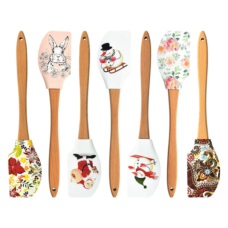 Jauns Ziemassvētku koka rokturu virtuves fondant kūku krēms lāpstiņa silikona sviesta skrāpis virtuves cepšanas rīki Espatula silicons