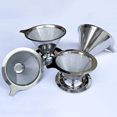 Kávészűrő Újrafelhasználható rozsdamentes acél kúpos kávészűrő kosarak Hálós kétrétegű kávészűrő csepegtetők Kúpos kézi szűrő