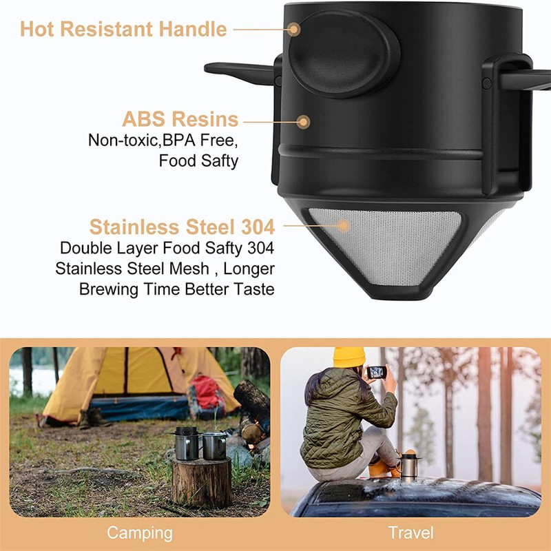 Hordozható, összehajtható kávészűrő, rozsdamentes acél újrafelhasználható kávéfőző mini összecsukható papírmentes kávécsepegtető csésze