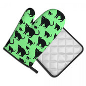 Melna kaķa raksta virtuves cimds smieklīgi dzīvnieku apdrukas mikroviļņu krāsns dūraiņa katla turētājs grils gaisa cepējs pretkarstuma dūraiņu komplekts