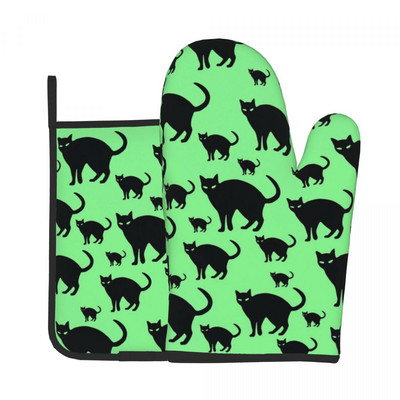 Melna kaķa raksta virtuves cimds smieklīgi dzīvnieku apdrukas mikroviļņu krāsns dūraiņa katla turētājs grils gaisa cepējs pretkarstuma dūraiņu komplekts