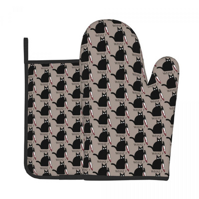 Melna kaķa raksta virtuves cimds smieklīgi dzīvnieku apdrukas mikroviļņu krāsns dūraiņa katla turētājs grils gaisa cepējs pretkarstuma dūraiņu komplekts