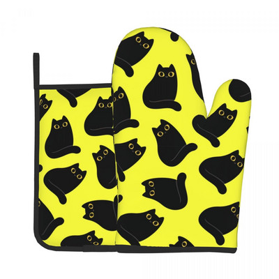 Melna kaķa raksta virtuves cimds smieklīgi dzīvnieku apdrukas mikroviļņu krāsns dūraiņa katla turētājs grils gaisa cepējs pretkarstuma dūraiņu komplekts