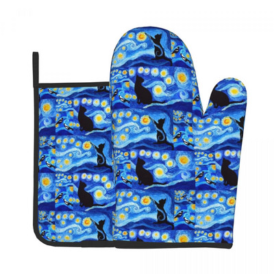 Melna kaķa raksta virtuves cimds smieklīgi dzīvnieku apdrukas mikroviļņu krāsns dūraiņa katla turētājs grils gaisa cepējs pretkarstuma dūraiņu komplekts