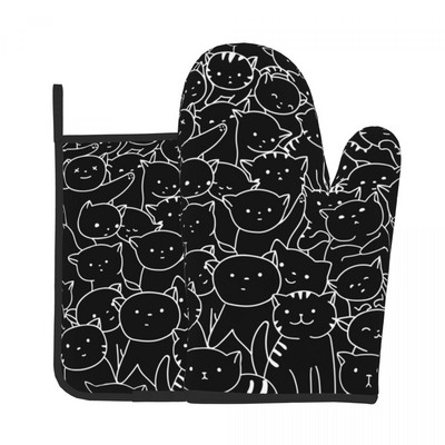 Melna kaķa raksta virtuves cimds smieklīgi dzīvnieku apdrukas mikroviļņu krāsns dūraiņa katla turētājs grils gaisa cepējs pretkarstuma dūraiņu komplekts