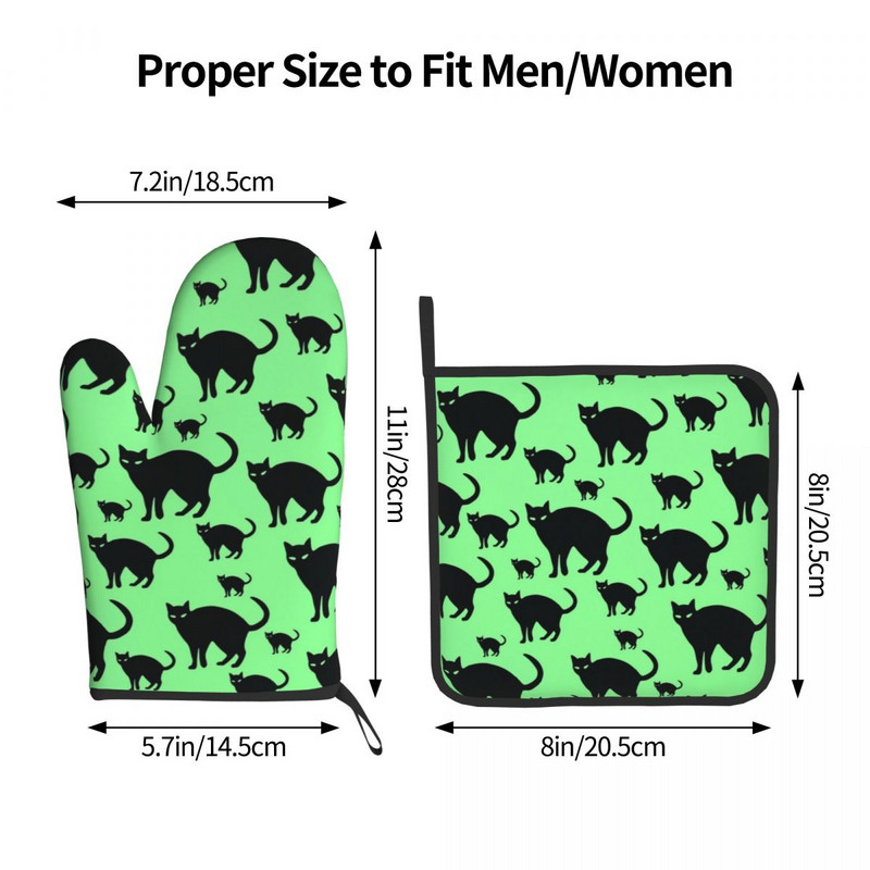 Melna kaķa raksta virtuves cimds smieklīgi dzīvnieku apdrukas mikroviļņu krāsns dūraiņa katla turētājs grils gaisa cepējs pretkarstuma dūraiņu komplekts