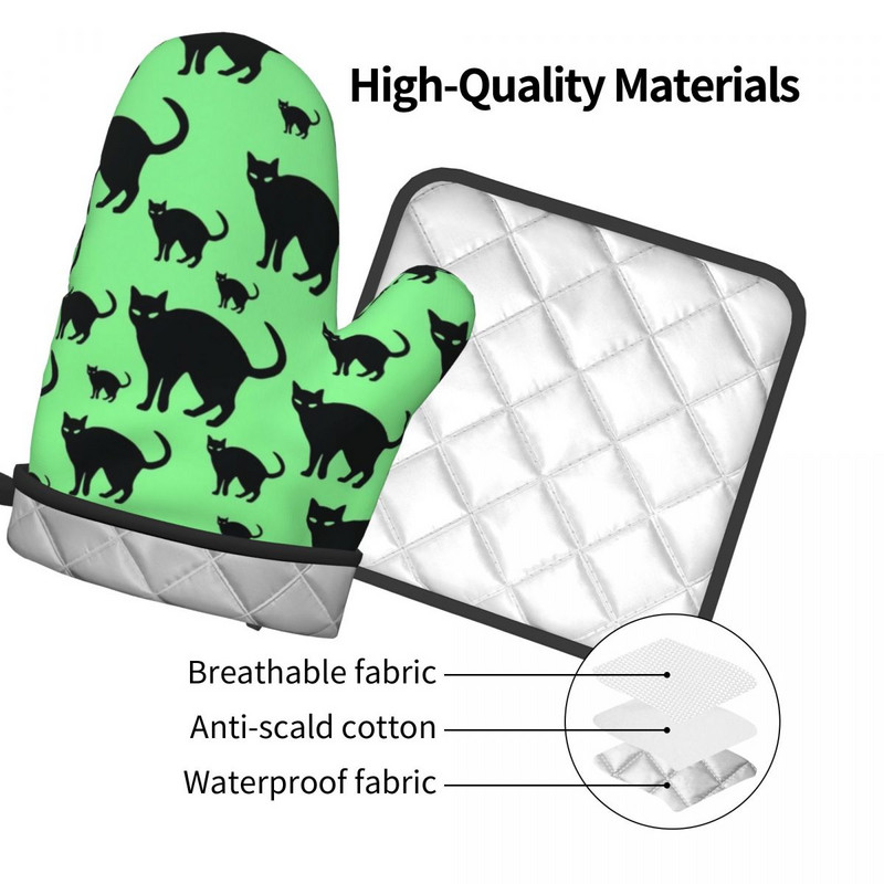 Melna kaķa raksta virtuves cimds smieklīgi dzīvnieku apdrukas mikroviļņu krāsns dūraiņa katla turētājs grils gaisa cepējs pretkarstuma dūraiņu komplekts