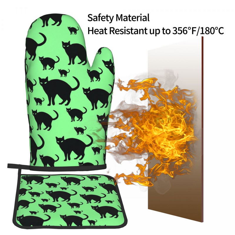 Melna kaķa raksta virtuves cimds smieklīgi dzīvnieku apdrukas mikroviļņu krāsns dūraiņa katla turētājs grils gaisa cepējs pretkarstuma dūraiņu komplekts