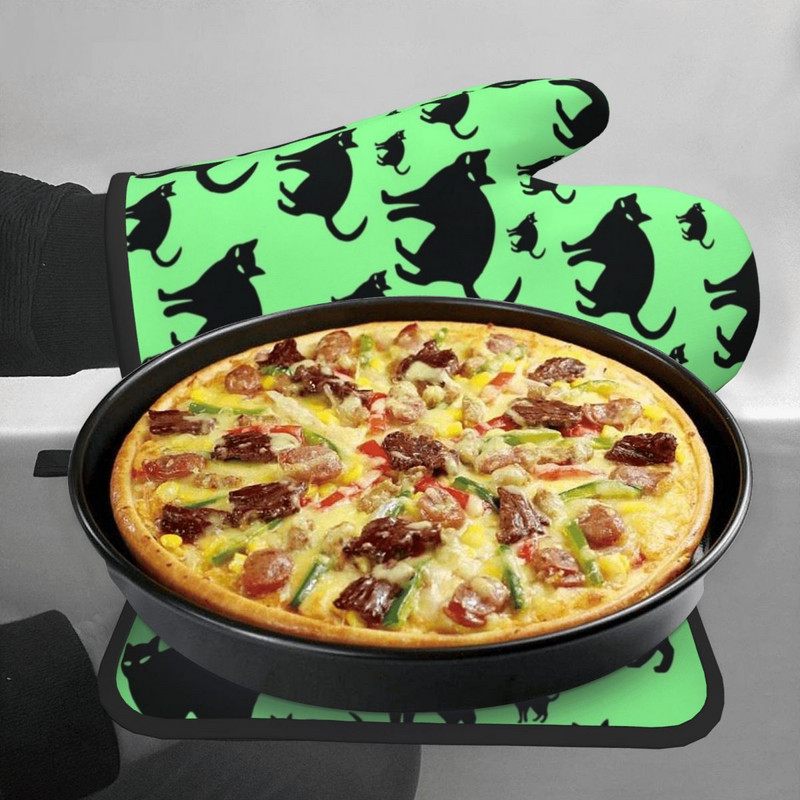 Melna kaķa raksta virtuves cimds smieklīgi dzīvnieku apdrukas mikroviļņu krāsns dūraiņa katla turētājs grils gaisa cepējs pretkarstuma dūraiņu komplekts