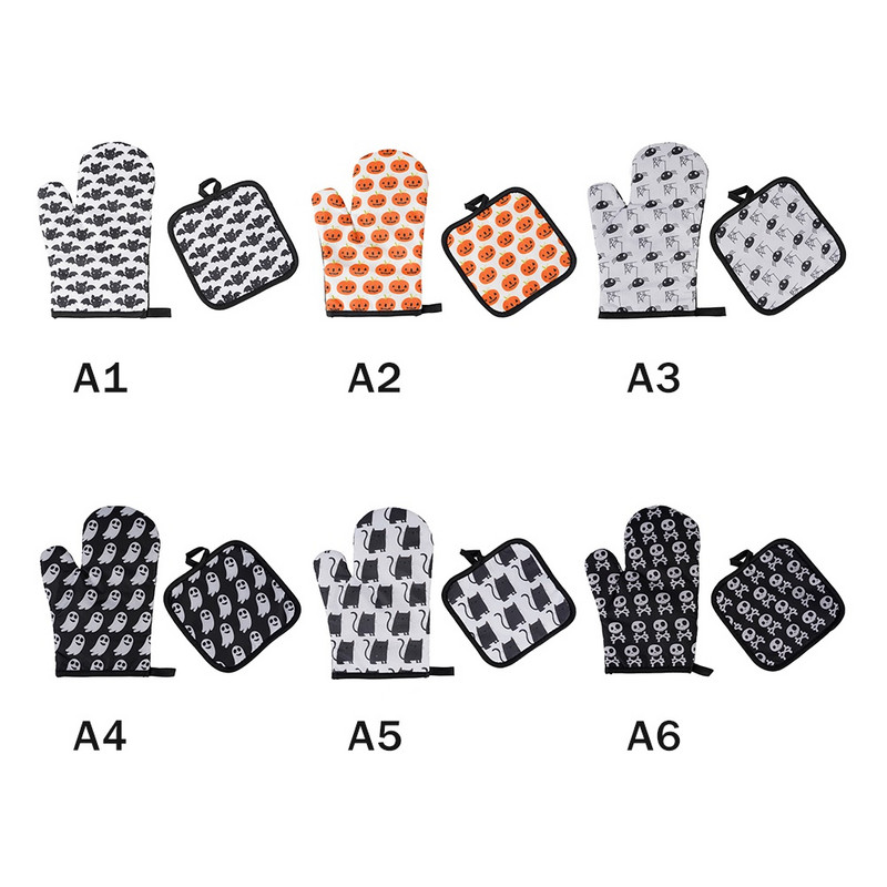 Cepeškrāsns cimdi Karstumizturīgi dūraiņi Cepeškrāsns dūraiņi Snd Podholder Mat virtuvei Helovīna raksta izolēti cimdi