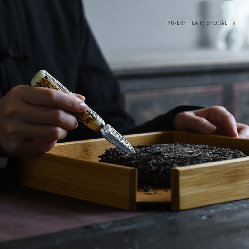 ÚJ 1 DB rozsdamentes acél kínai Puer tea tűvágó egyedi agancs nyél Damaszkusz teakés