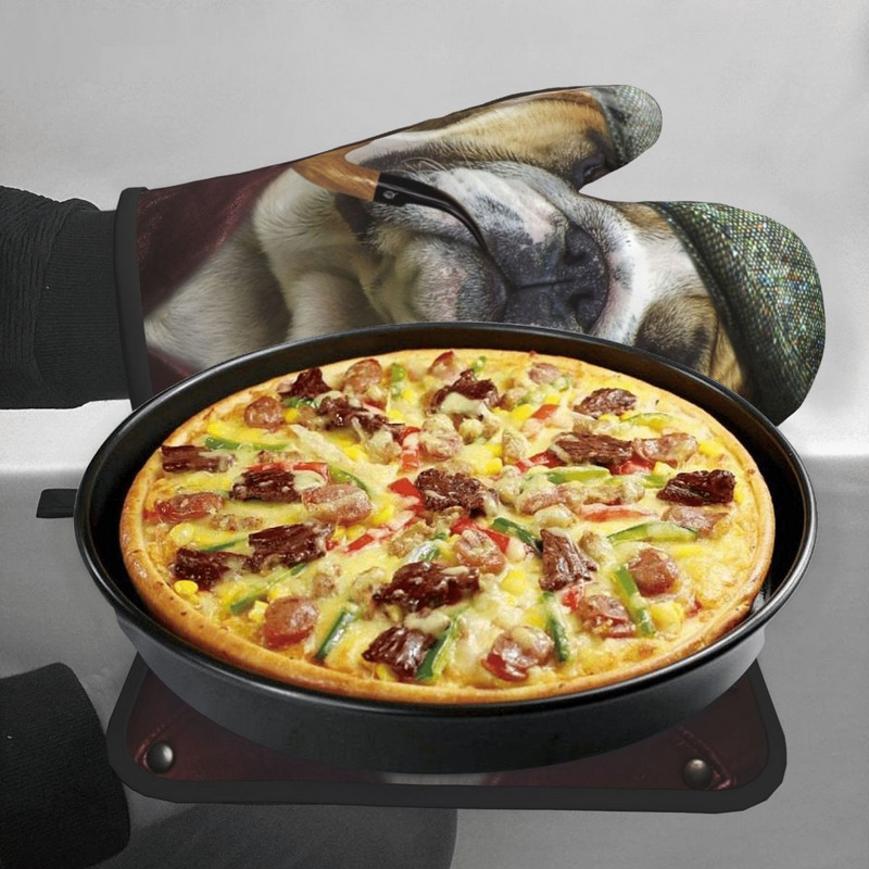 Anglų prancūzų buldogas 2 vnt Mitt Hot Pad Animal Mikrobangų krosnelė Virtuvė Pirštinės Grilis Oro gruzdintuvė Anti Heat Orkaitės pirštinių rinkinys