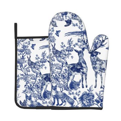 French Toile De Jouy Motiv bleumarin Rezistent la căldură Mănuși și suporturi pentru oale Seturi de mănuși de cuptor pentru gătit la grătar Coacerea la grătar