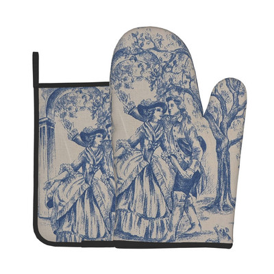French Toile De Jouy Motiv bleumarin Rezistent la căldură Mănuși și suporturi pentru oale Seturi de mănuși de cuptor pentru gătit la grătar Coacerea la grătar
