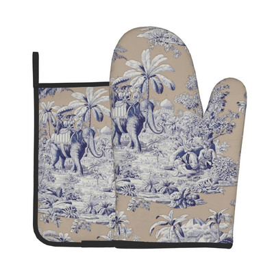 French Toile De Jouy Motiv bleumarin Rezistent la căldură Mănuși și suporturi pentru oale Seturi de mănuși de cuptor pentru gătit la grătar Coacerea la grătar