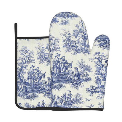 French Toile De Jouy Motiv bleumarin Rezistent la căldură Mănuși și suporturi pentru oale Seturi de mănuși de cuptor pentru gătit la grătar Coacerea la grătar