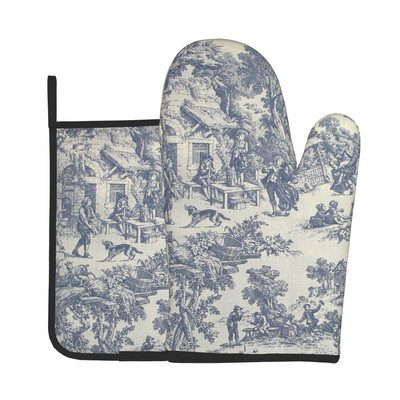 French Toile De Jouy Motiv bleumarin Rezistent la căldură Mănuși și suporturi pentru oale Seturi de mănuși de cuptor pentru gătit la grătar Coacerea la grătar