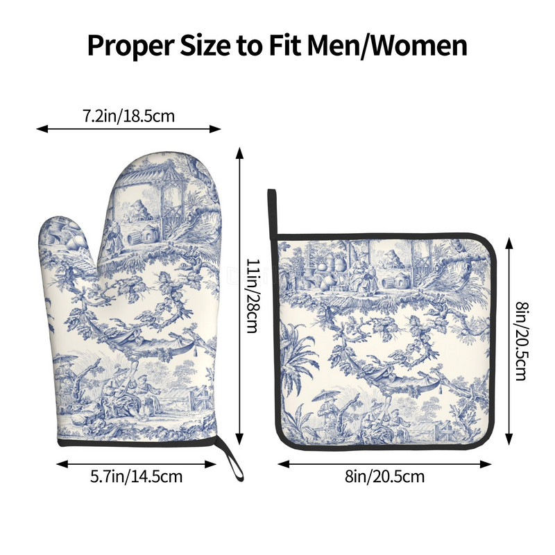 French Toile De Jouy Motiv bleumarin Rezistent la căldură Mănuși și suporturi pentru oale Seturi de mănuși de cuptor pentru gătit la grătar Coacerea la grătar