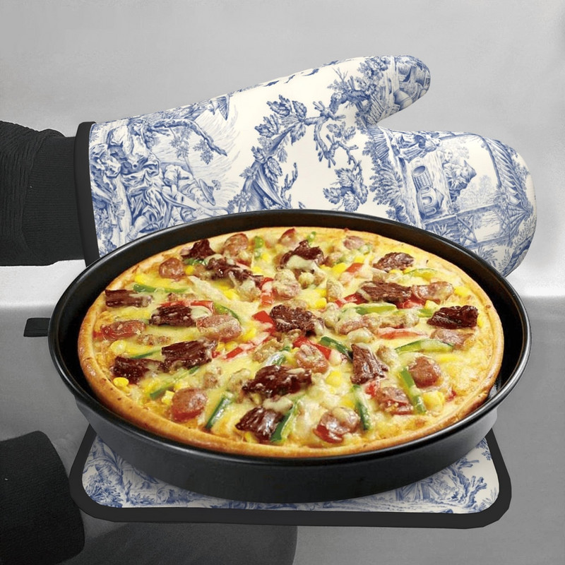 French Toile De Jouy Motiv bleumarin Rezistent la căldură Mănuși și suporturi pentru oale Seturi de mănuși de cuptor pentru gătit la grătar Coacerea la grătar