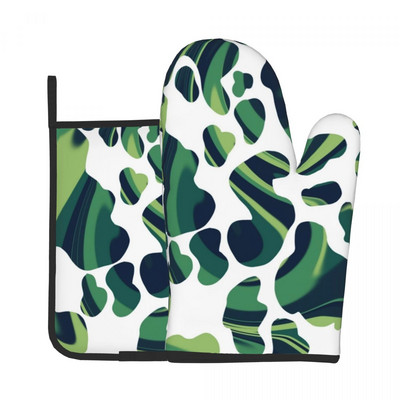 Trifoi cu imprimeu de vacă, mănușă irlandeză, tampă fierbinte, pete verzi și negre, cuptor cu microunde, mănuși de bucătărie, grătar, friteuză, set de mănuși pentru cuptor, anti-încălzire