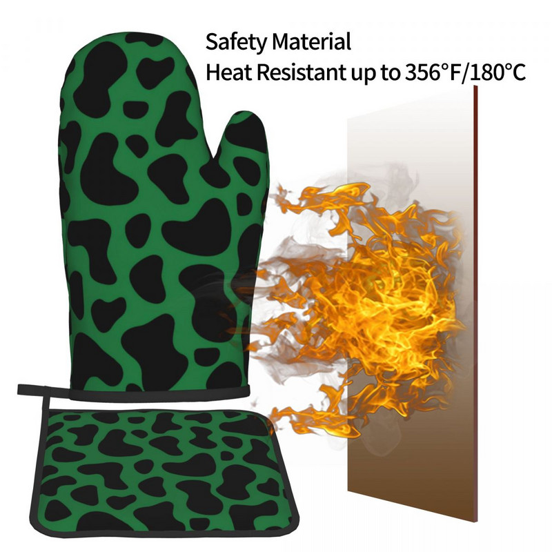 Trifoi cu imprimeu de vacă, mănușă irlandeză, tampă fierbinte, pete verzi și negre, cuptor cu microunde, mănuși de bucătărie, grătar, friteuză, set de mănuși pentru cuptor, anti-încălzire