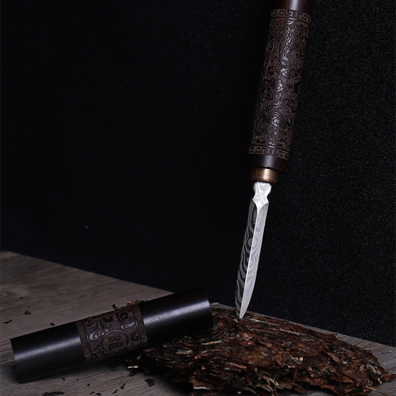 Nerūsējošā tērauda Pu'er tējas naža raksts Tērauda grebšanas tējas adata Damaskas tējas nazis tējas komplekta piederumi