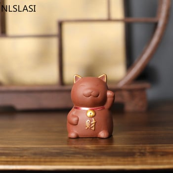 NLSLAISI 1 БР. Yixing Purple Clay Small Tea Pet Lucky Cat Figurine Ornament Бутикови аксесоари за чай Занаяти Декорация за домашен чай