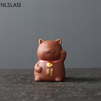 NLSLAISI 1 БР. Yixing Purple Clay Small Tea Pet Lucky Cat Figurine Ornament Бутикови аксесоари за чай Занаяти Декорация за домашен чай