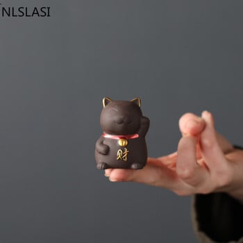 NLSLAISI 1 БР. Yixing Purple Clay Small Tea Pet Lucky Cat Figurine Ornament Бутикови аксесоари за чай Занаяти Декорация за домашен чай