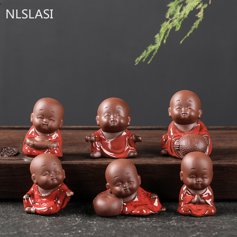 NLSLASI1 Vnt. rankų darbo purpurinis molis Puikus Budos vienuolis, figūrėlės papuošalas pirštų galiukais, arbata Leisti arbata augintiniai Boutique Arbatos stalo amatai