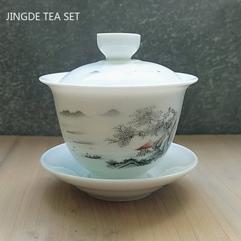 Китайска синьо-бяла порцеланова купа със супница за чай, ръчно изработена керамична чаша за път, преносим домашен сервиз за чай Gaiwan, съдове за пиене, 160 ml