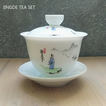 Китайска синьо-бяла порцеланова купа със супница за чай, ръчно изработена керамична чаша за път, преносим домашен сервиз за чай Gaiwan, съдове за пиене, 160 ml