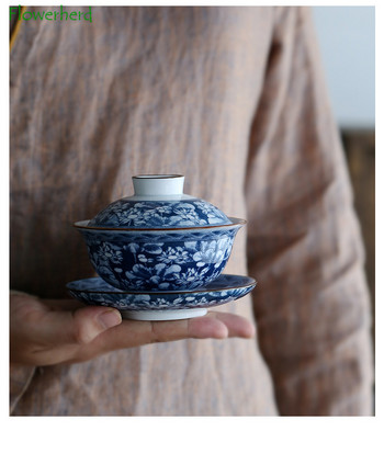 Сини и бели порцеланови прибори за чай Gaiwan Чаша за чай Kung Fu Сервиз за чай Керамичен бял порцеланов супник Gaiwan Ръчно рисувани сервизи за чай Китай