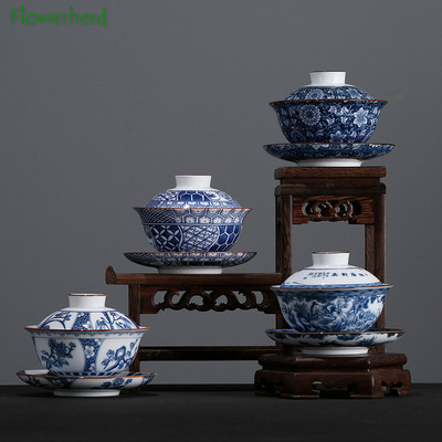 Kék-fehér porcelán Gaiwan teáskészletek Kung Fu teáskészlet Kerámia fehér porcelán Tureen Gaiwan kézzel festett teáskészletek Kína